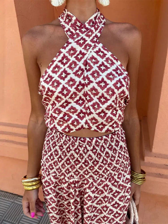 Women's Printed Halter Neck Two-Piece Maxi Set