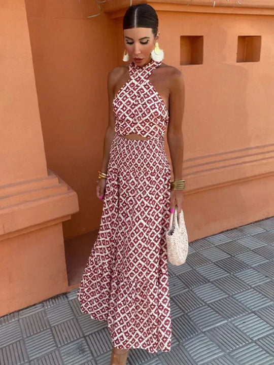 Women's Printed Halter Neck Two-Piece Maxi Set