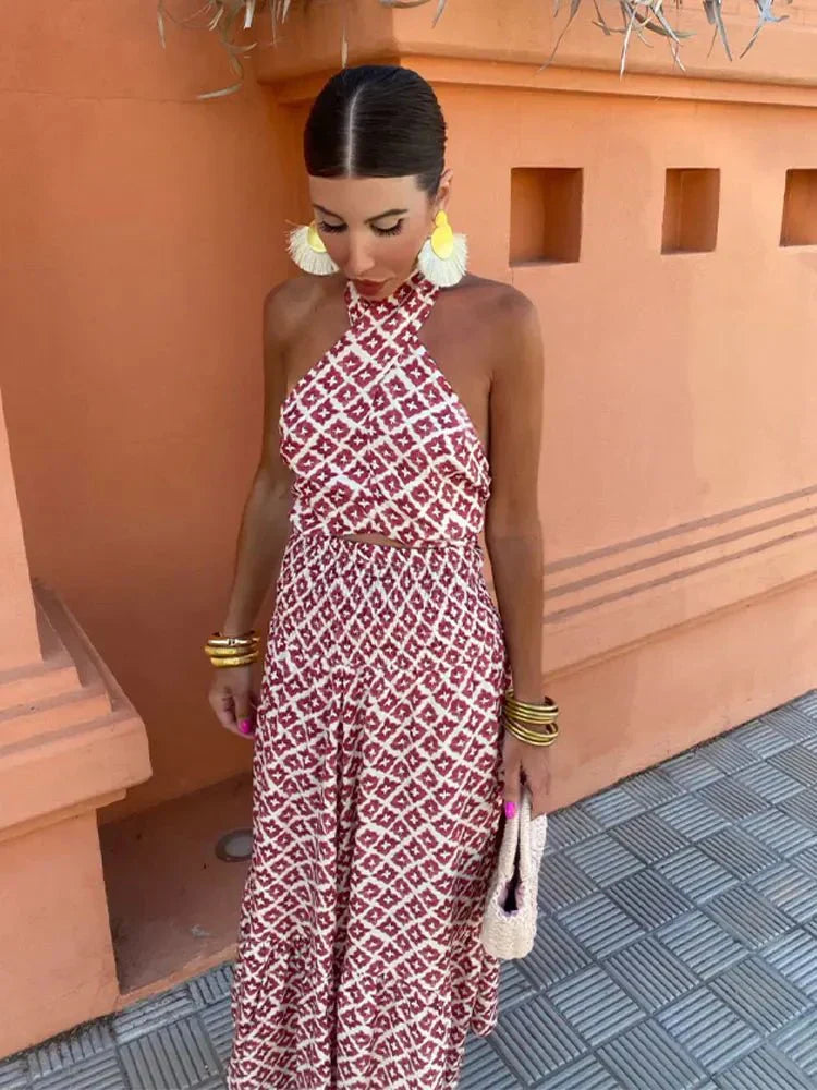 Women's Printed Halter Neck Two-Piece Maxi Set