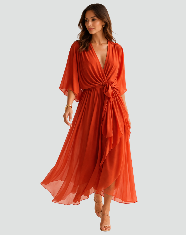 Women's Draped Tie-Waist Chiffon Midi Dress