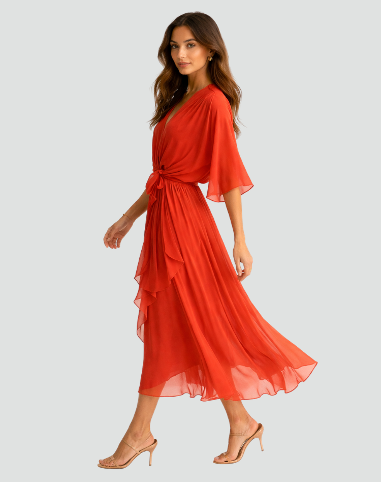 Women's Draped Tie-Waist Chiffon Midi Dress
