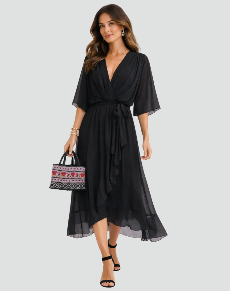 Women's Draped Tie-Waist Chiffon Midi Dress