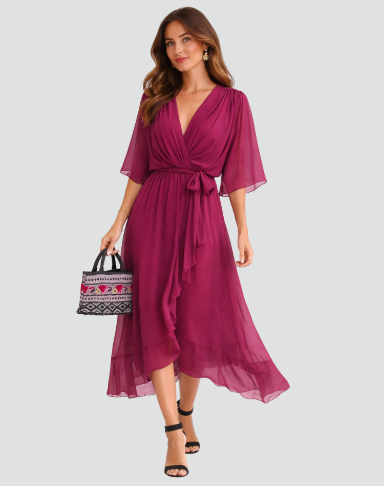 Women's Draped Tie-Waist Chiffon Midi Dress