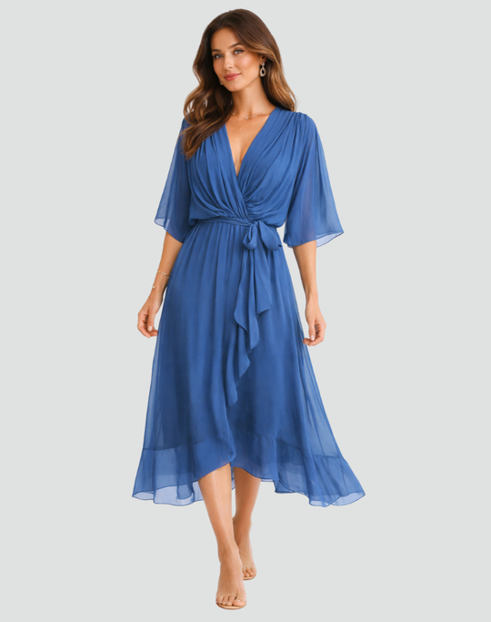 Women's Draped Tie-Waist Chiffon Midi Dress