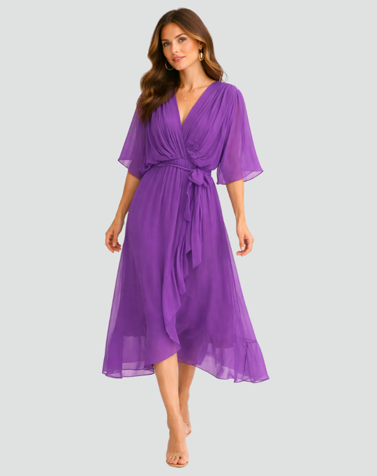 Women's Draped Tie-Waist Chiffon Midi Dress