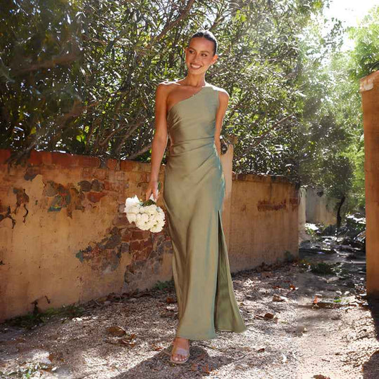 Women's One Shoulder Satin High Slit Evening Maxi Dress