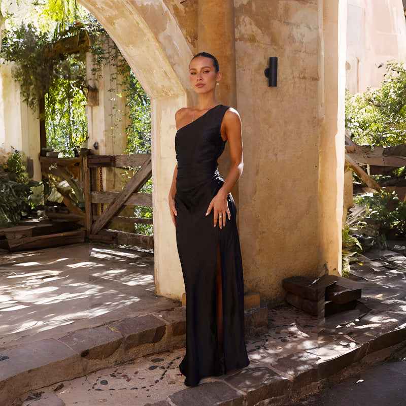 Women's One Shoulder Satin High Slit Evening Maxi Dress