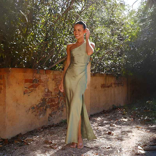 Women's One Shoulder Satin High Slit Evening Maxi Dress