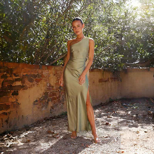 Women's One Shoulder Satin High Slit Evening Maxi Dress
