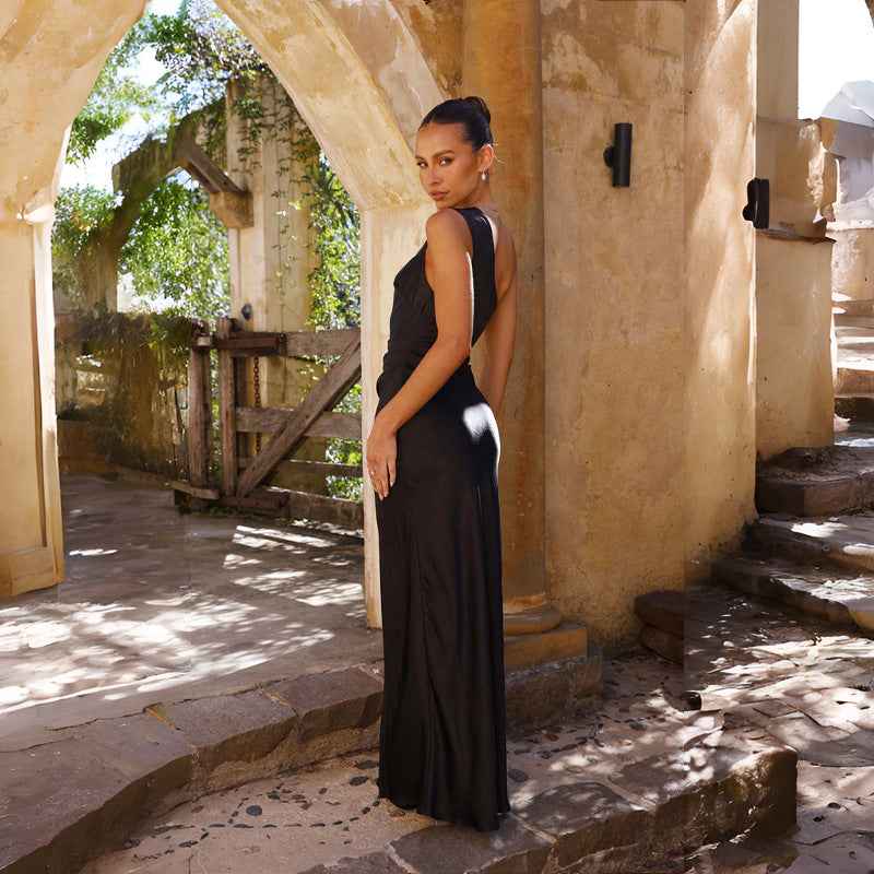 Women's One Shoulder Satin High Slit Evening Maxi Dress