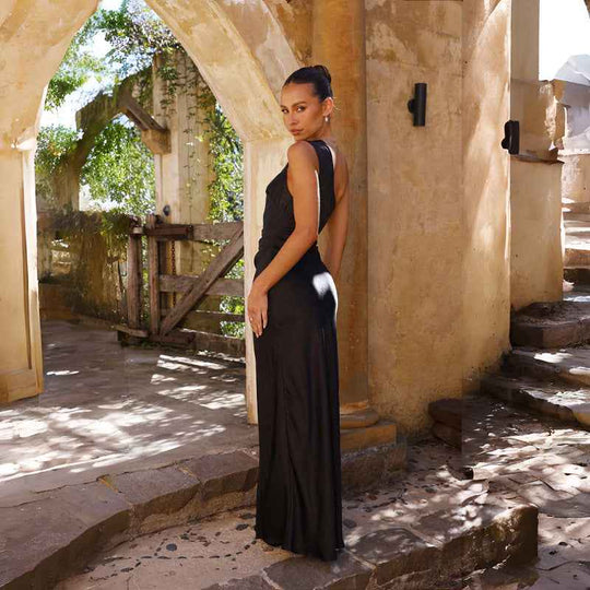 Women's One Shoulder Satin High Slit Evening Maxi Dress