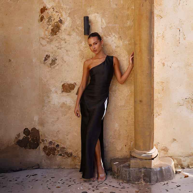 Women's One Shoulder Satin High Slit Evening Maxi Dress