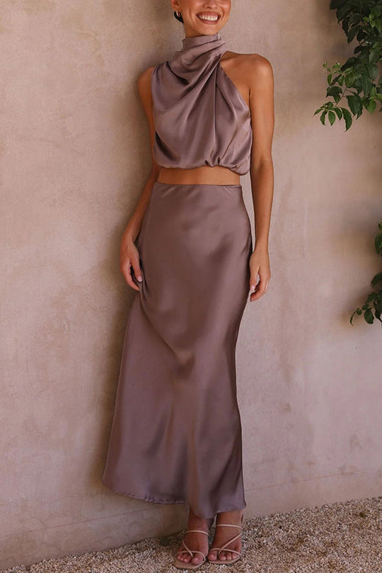 Women's Elegant Satin Halter Crop Top & Maxi Skirt Set