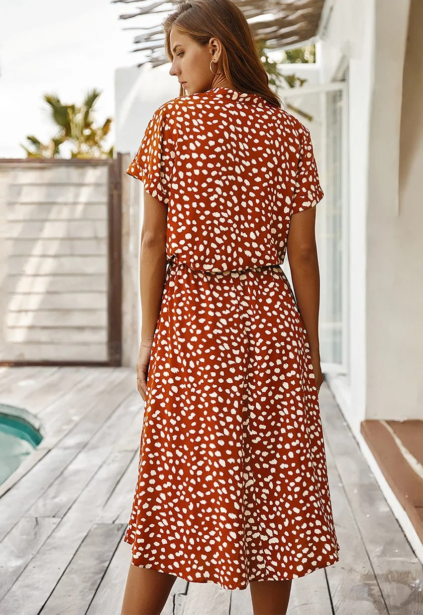 Women's Printed Tie Waist Midi Dress