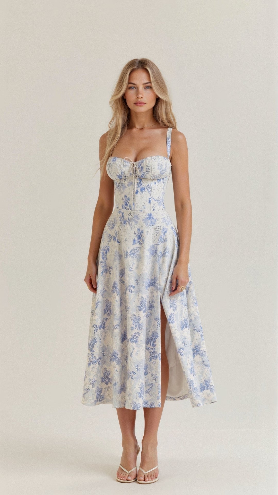 Women's Ruched Bust Midi Dress with Adjustable Front Tie
