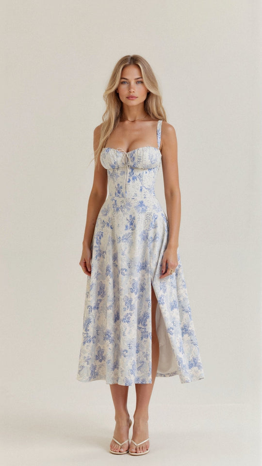 Women's Ruched Bust Midi Dress with Adjustable Front Tie