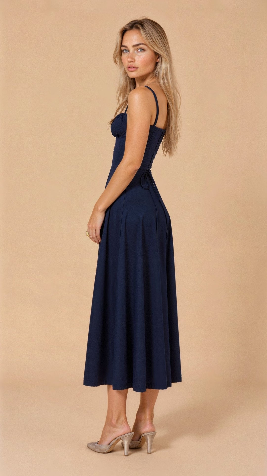 Women's Ruched Bust Midi Dress with Adjustable Front Tie