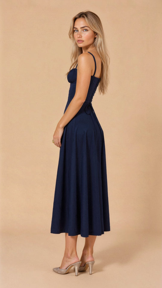 Women's Ruched Bust Midi Dress with Adjustable Front Tie