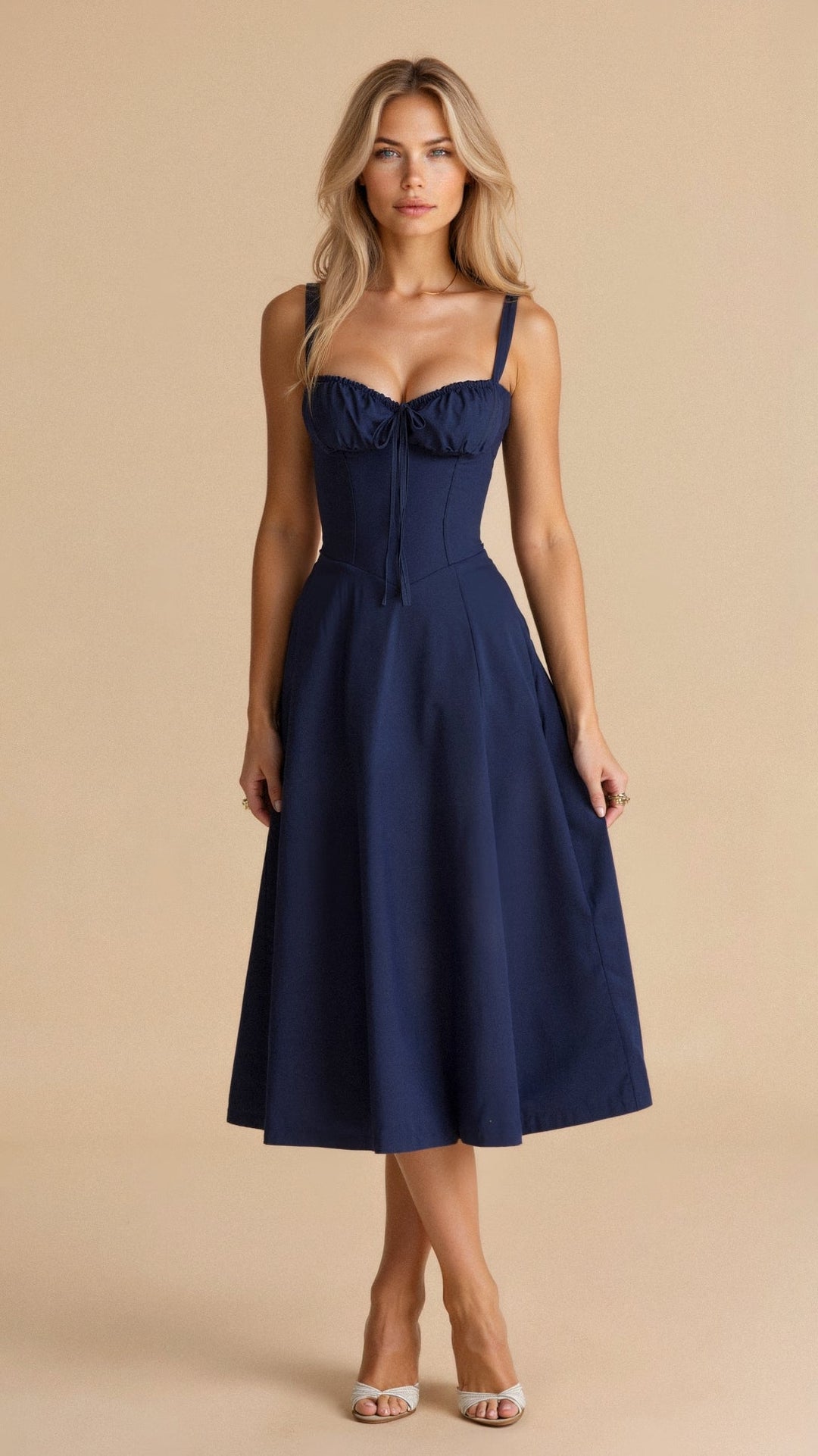 Women's Ruched Bust Midi Dress with Adjustable Front Tie