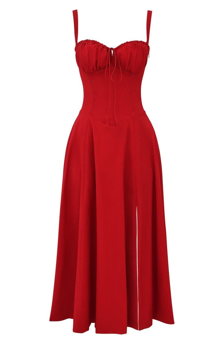 Women's Ruched Bust Midi Dress with Adjustable Front Tie