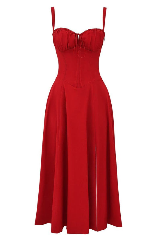 Women's Ruched Bust Midi Dress with Adjustable Front Tie