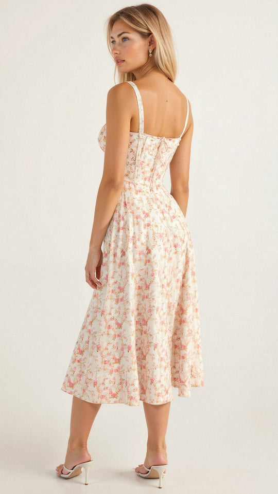 Women's Ruched Bust Midi Dress with Adjustable Front Tie