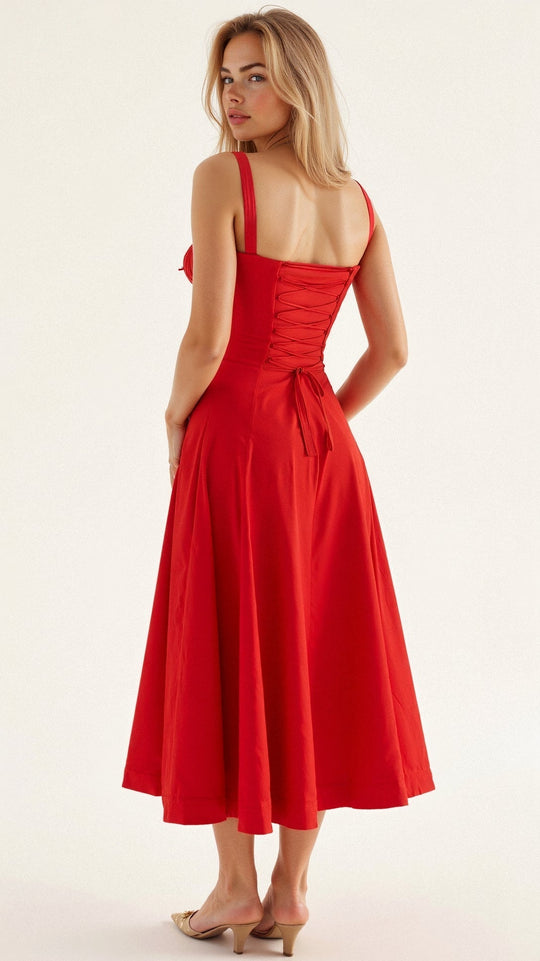 Women's Ruched Bust Midi Dress with Adjustable Front Tie