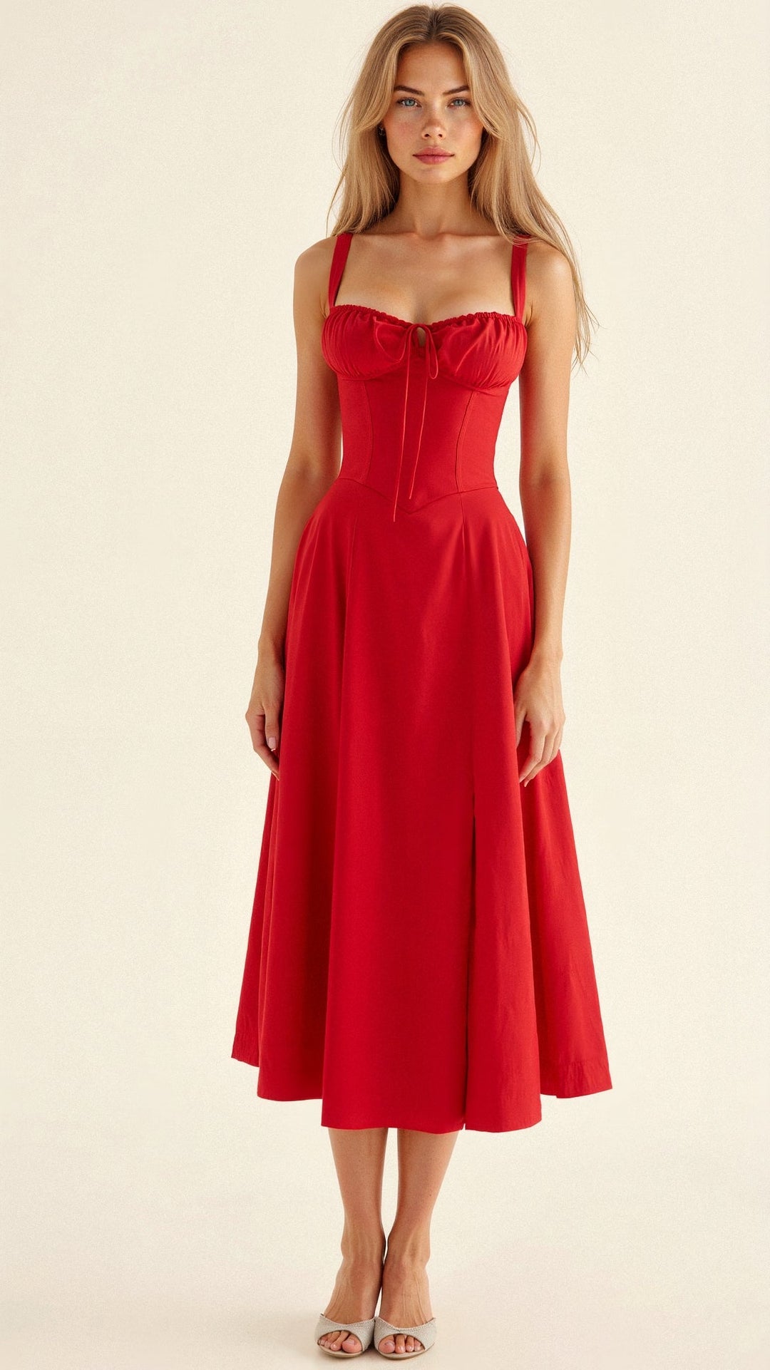 Women's Ruched Bust Midi Dress with Adjustable Front Tie
