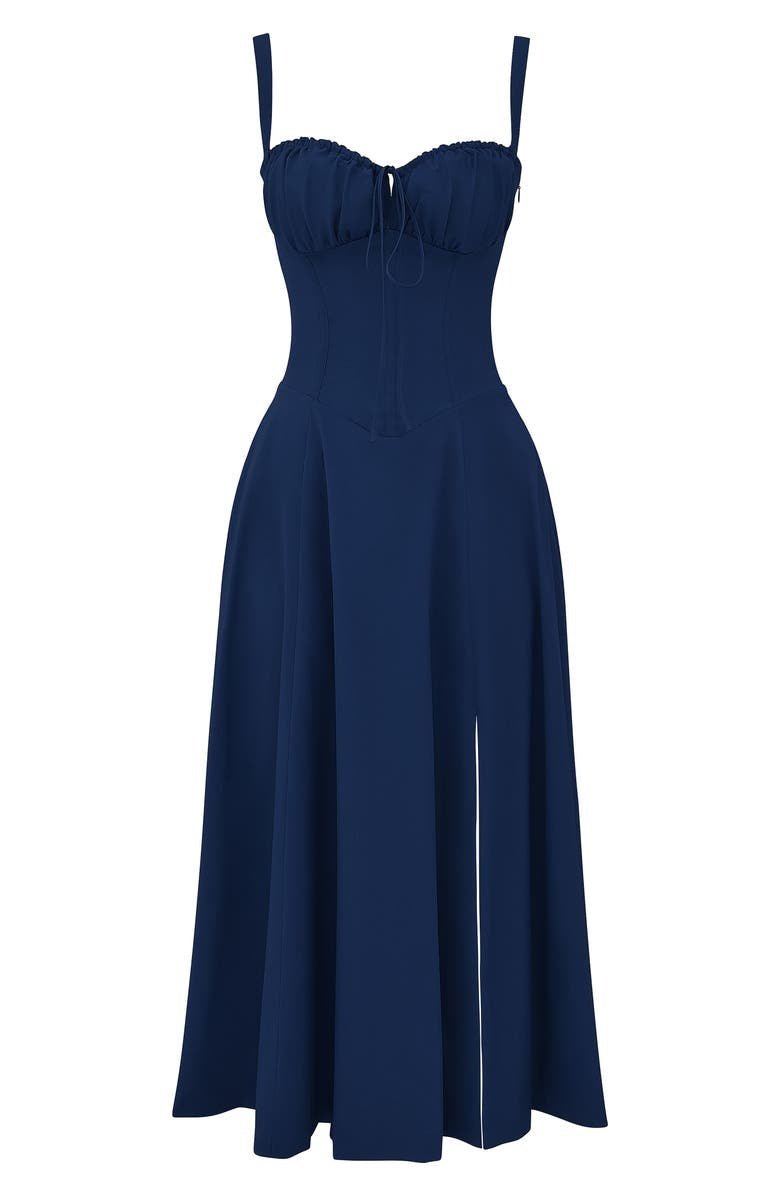 Women's Ruched Bust Midi Dress with Adjustable Front Tie