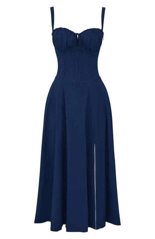 Women's Ruched Bust Midi Dress with Adjustable Front Tie