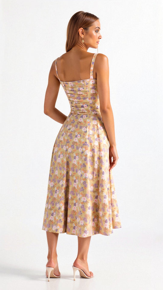 Women's Ruched Bust Midi Dress with Adjustable Front Tie