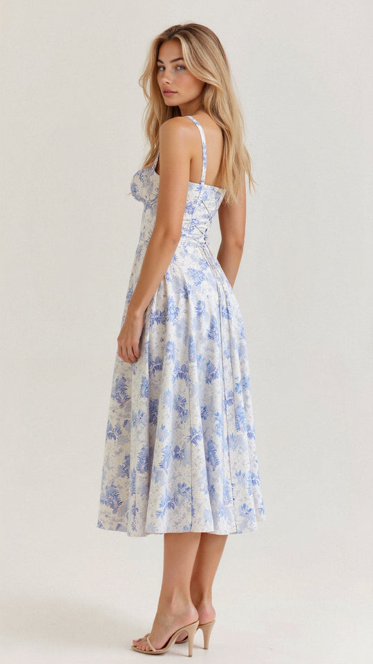 Women's Ruched Bust Midi Dress with Adjustable Front Tie