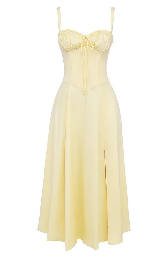 Women's Ruched Bust Midi Dress with Adjustable Front Tie