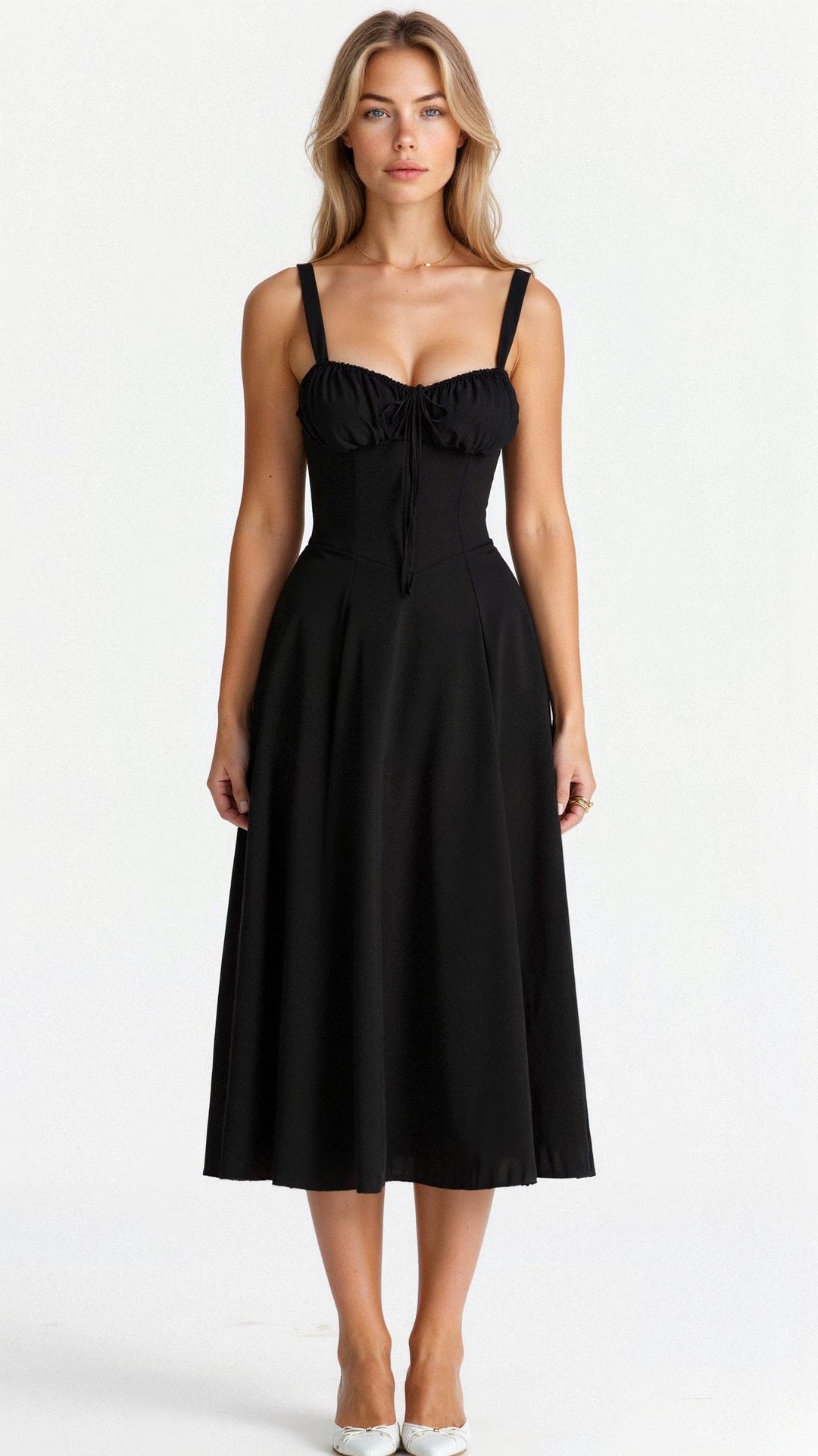 Women's Ruched Bust Midi Dress with Adjustable Front Tie