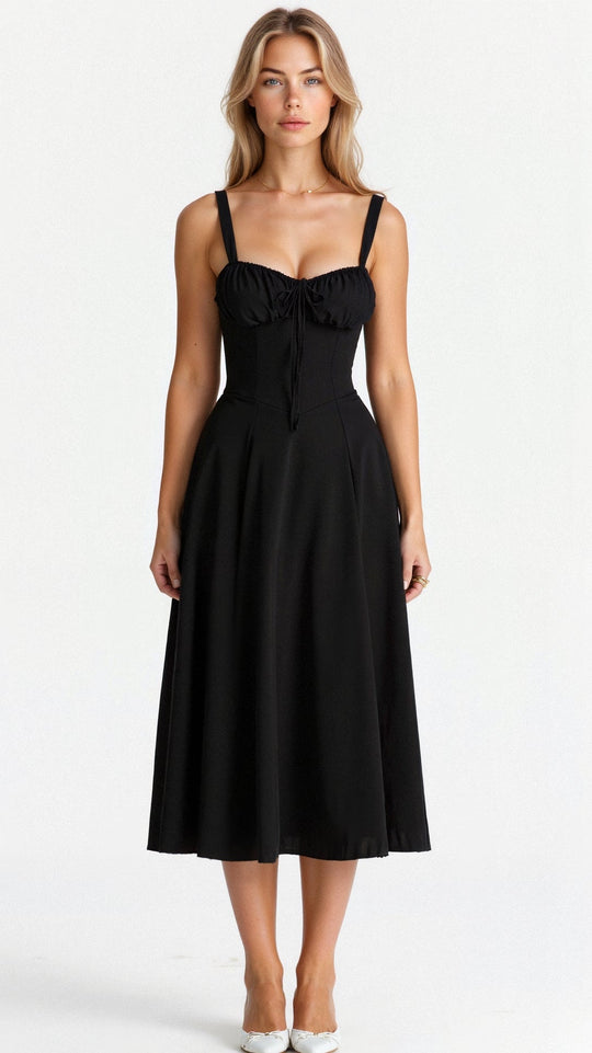 Women's Ruched Bust Midi Dress with Adjustable Front Tie