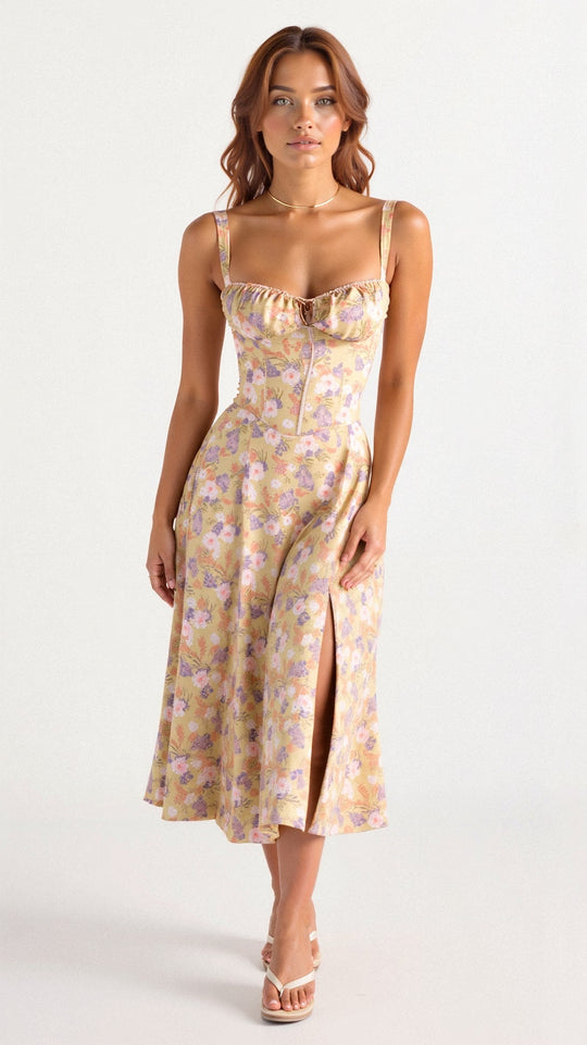 Women's Ruched Bust Midi Dress with Adjustable Front Tie