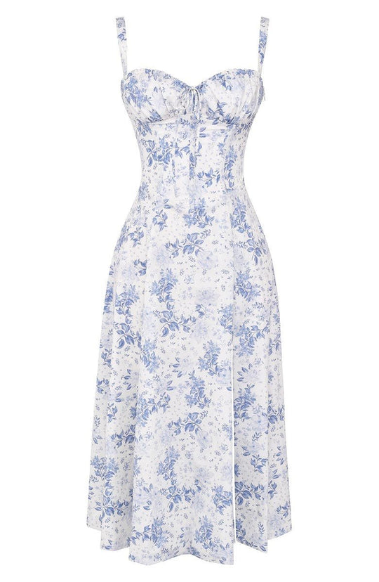 Women's Ruched Bust Midi Dress with Adjustable Front Tie
