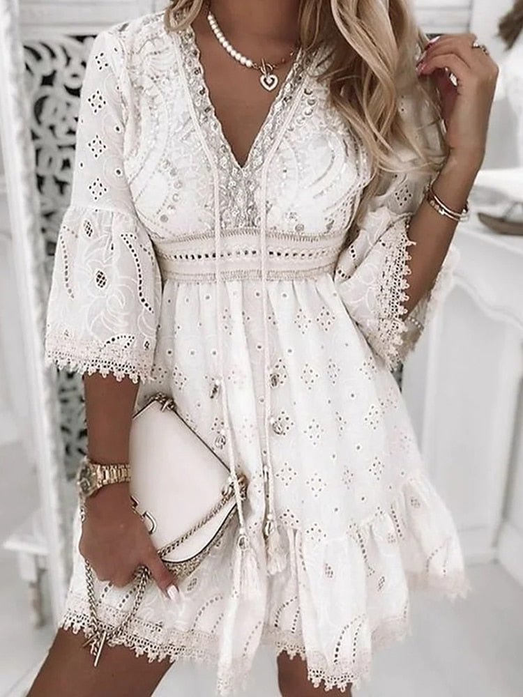 Women's Bohemian Embroidered Lace Mini Dress
