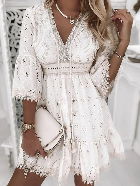Women's Bohemian Embroidered Lace Mini Dress
