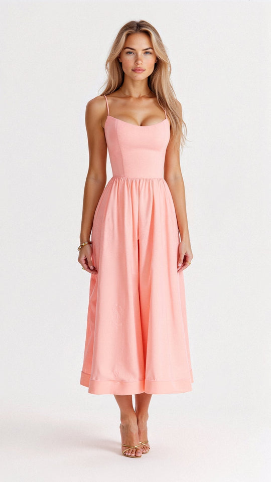 Women's Elegant Spaghetti Strap A-Line Midi Dress