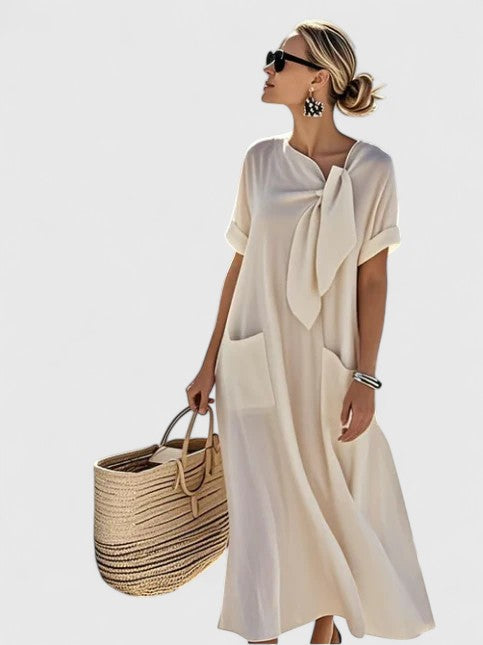 Women's Elegant Tie-Neck Maxi Dress with Patch Pockets