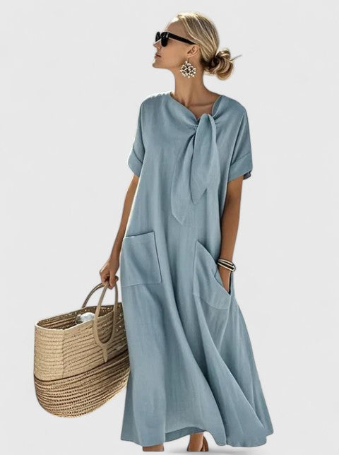 Women's Elegant Tie-Neck Maxi Dress with Patch Pockets