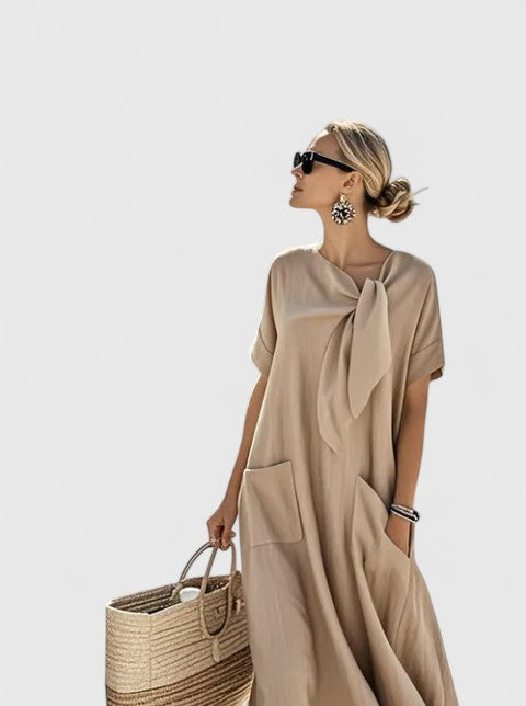 Women's Elegant Tie-Neck Maxi Dress with Patch Pockets