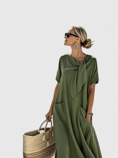 Women's Elegant Tie-Neck Maxi Dress with Patch Pockets