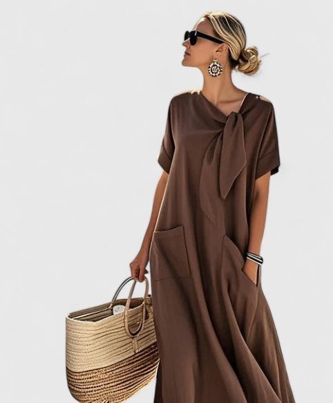 Women's Elegant Tie-Neck Maxi Dress with Patch Pockets