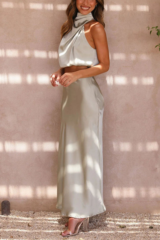 Women's Elegant Satin Halter Crop Top & Maxi Skirt Set