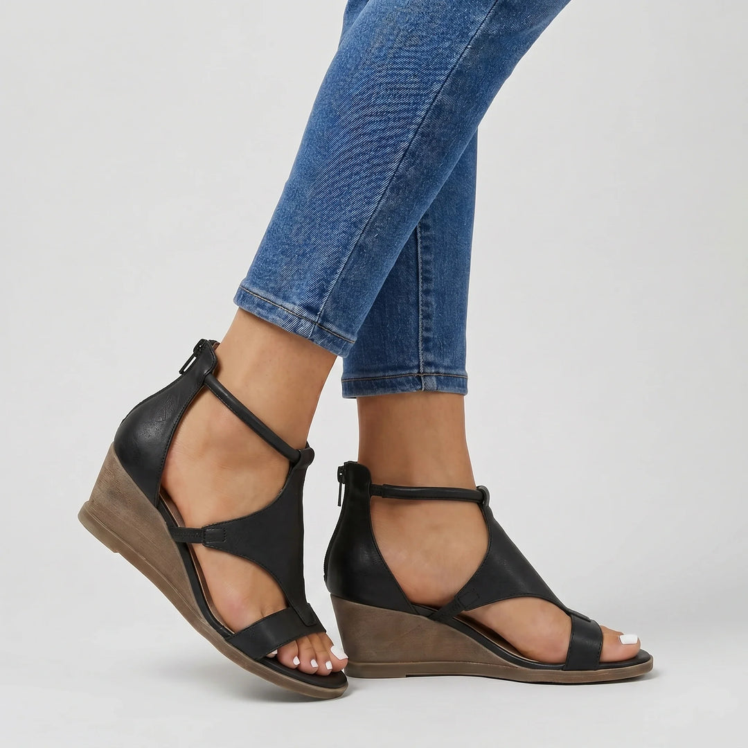Women's Cutout Wedge Sandals with T-Strap Design