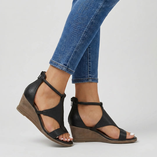 Women's Cutout Wedge Sandals with T-Strap Design