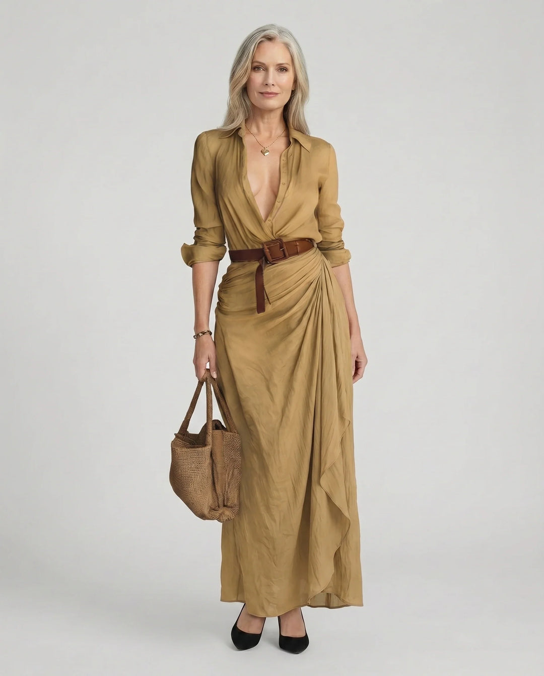 Women's Elegant Draped Shirt Wrap Maxi Dress with Belt