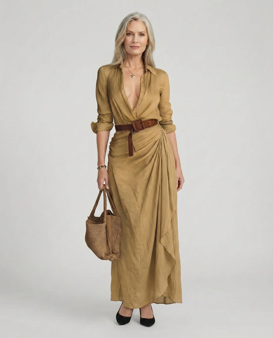 Women's Elegant Draped Shirt Wrap Maxi Dress with Belt